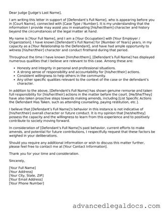 Blank Character Letter for Court Template