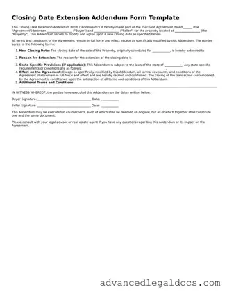 Blank Closing Date Extension Addendum Form Template