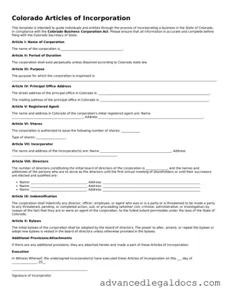 Fillable Articles of Incorporation Form for Colorado State