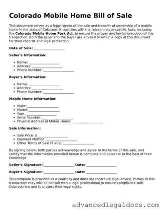 Fillable Mobile Home Bill of Sale Form for Colorado State