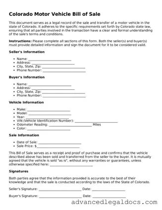 Fillable Motor Vehicle Bill of Sale Form for Colorado State