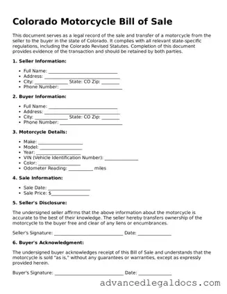 Fillable Motorcycle Bill of Sale Form for Colorado State