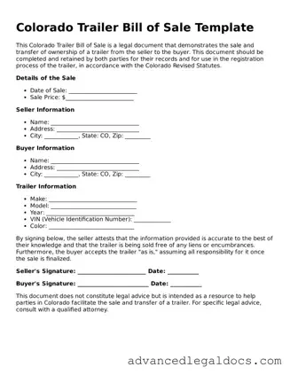 Fillable Trailer Bill of Sale Form for Colorado State