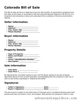 Fillable Bill of Sale Form for Colorado State