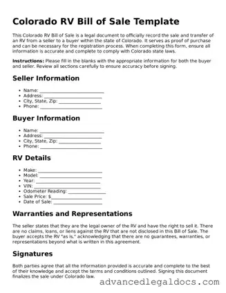 Fillable RV Bill of Sale Form for Colorado State
