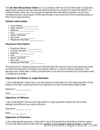 Fillable Do Not Resuscitate Order Form for Colorado State