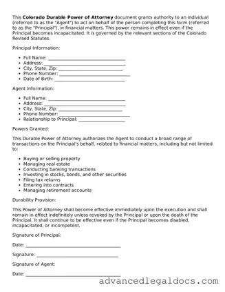 Fillable Durable Power of Attorney Form for Colorado State