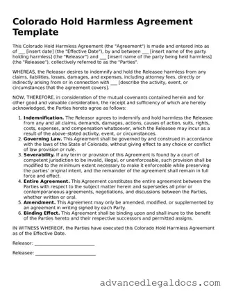 Fillable Hold Harmless Agreement Form for Colorado State