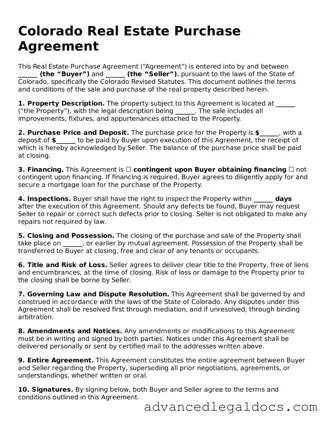 Fillable Real Estate Purchase Agreement Form for Colorado State
