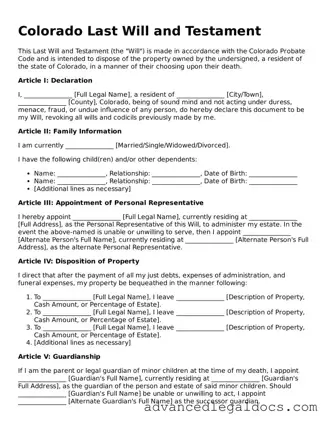 Fillable Last Will and Testament Form for Colorado State