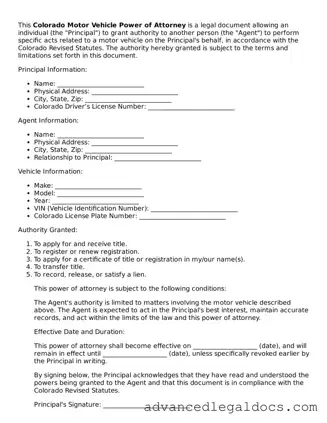 Fillable Motor Vehicle Power of Attorney Form for Colorado State