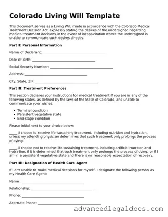 Fillable Living Will Form for Colorado State