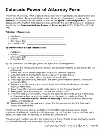 Fillable Power of Attorney Form for Colorado State