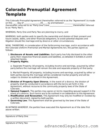 Fillable Prenuptial Agreement Form for Colorado State