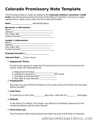 Fillable Promissory Note Form for Colorado State