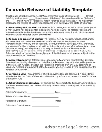 Fillable Release of Liability Form for Colorado State
