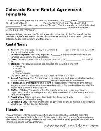Fillable Room Rental Agreement Form for Colorado State