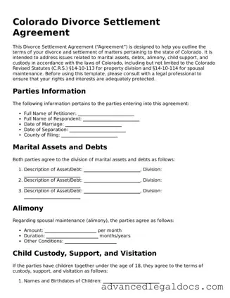Fillable Divorce Settlement Agreement Form for Colorado State