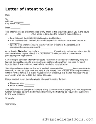 Blank Letter of Intent to Sue Template