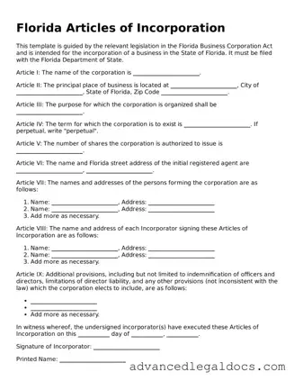 Fillable Articles of Incorporation Form for Florida State