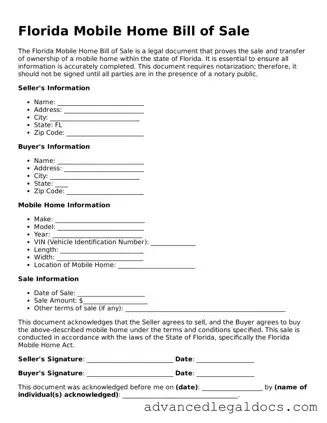 Fillable Mobile Home Bill of Sale Form for Florida State