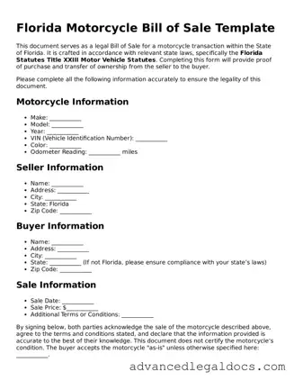Fillable Motorcycle Bill of Sale Form for Florida State