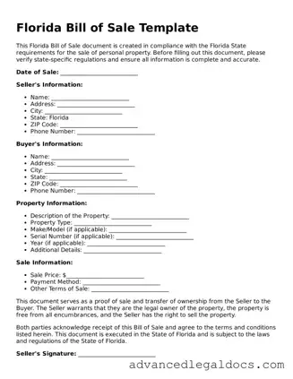 Fillable Bill of Sale Form for Florida State