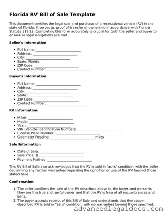 Fillable RV Bill of Sale Form for Florida State