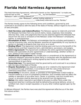 Fillable Hold Harmless Agreement Form for Florida State