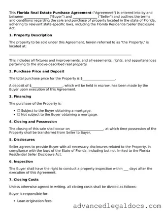 Fillable Real Estate Purchase Agreement Form for Florida State