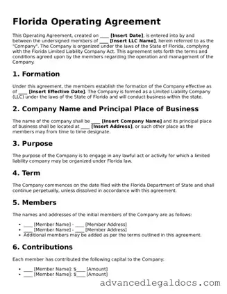 Fillable Operating Agreement Form for Florida State