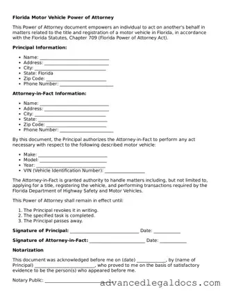 Fillable Motor Vehicle Power of Attorney Form for Florida State