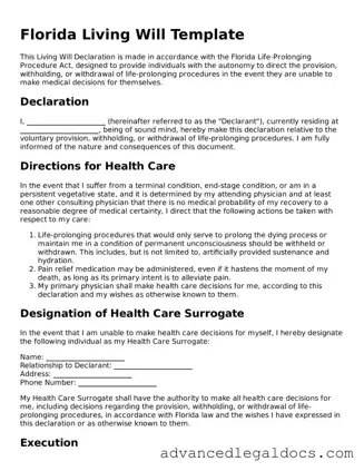 Fillable Living Will Form for Florida State