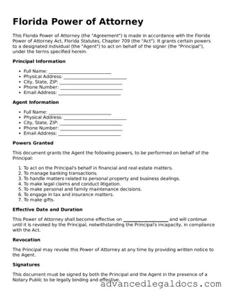 Fillable Power of Attorney Form for Florida State
