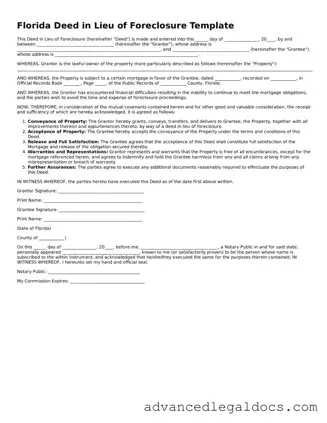 Fillable Deed in Lieu of Foreclosure Form for Florida State
