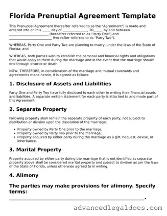 Fillable Prenuptial Agreement Form for Florida State