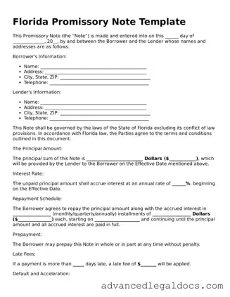Fillable Promissory Note Form for Florida State
