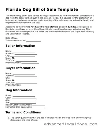 Fillable Dog Bill of Sale Form for Florida State