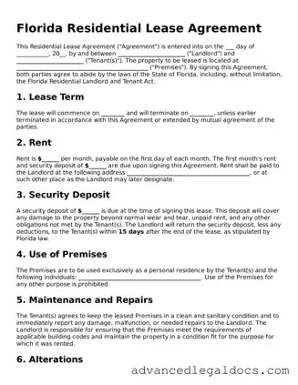 Fillable Lease Agreement Form for Florida State