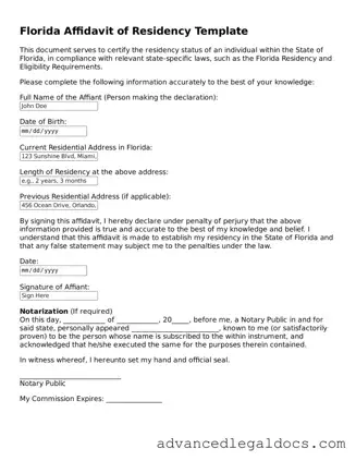 Fillable Affidavit of Residency Form for Florida State