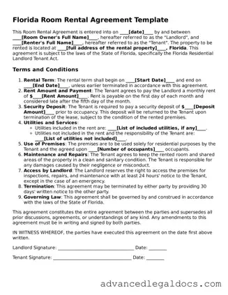 Fillable Room Rental Agreement Form for Florida State
