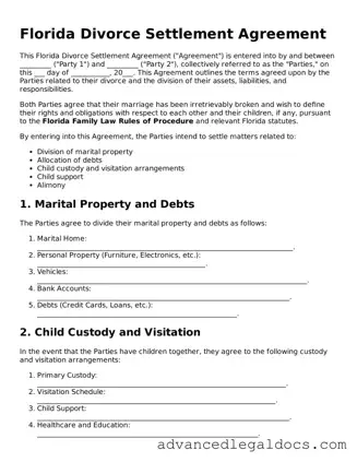 Fillable Divorce Settlement Agreement Form for Florida State