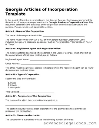 Fillable Articles of Incorporation Form for Georgia State