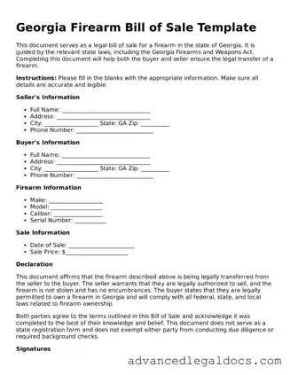 Fillable Firearm Bill of Sale Form for Georgia State
