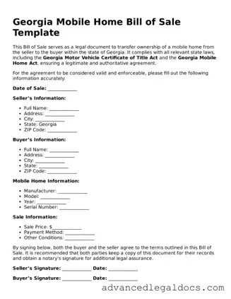 Fillable Mobile Home Bill of Sale Form for Georgia State