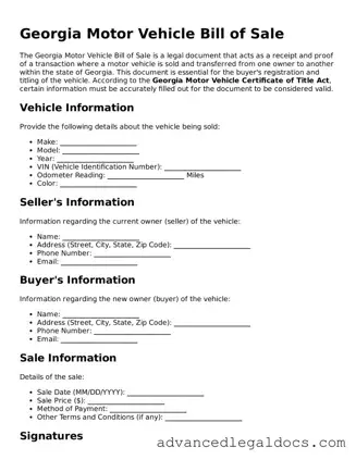 Fillable Motor Vehicle Bill of Sale Form for Georgia State