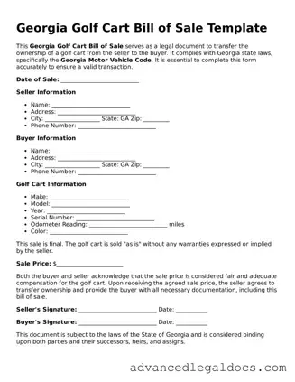 Fillable Golf Cart Bill of Sale Form for Georgia State