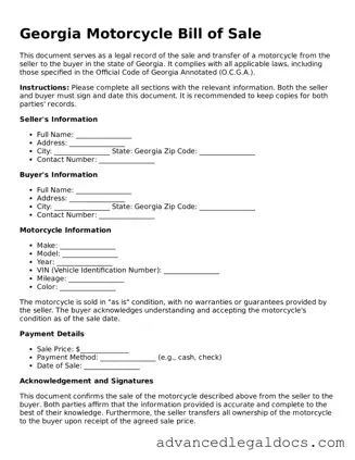 Fillable Motorcycle Bill of Sale Form for Georgia State