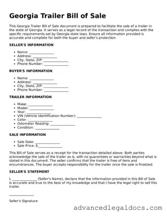 Fillable Trailer Bill of Sale Form for Georgia State