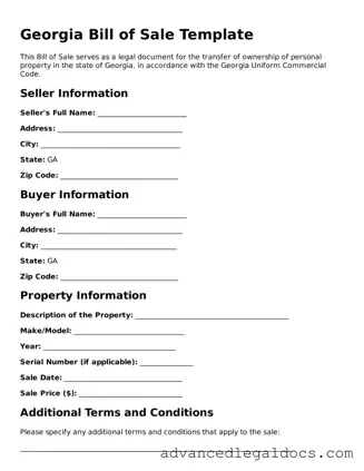 Fillable Bill of Sale Form for Georgia State